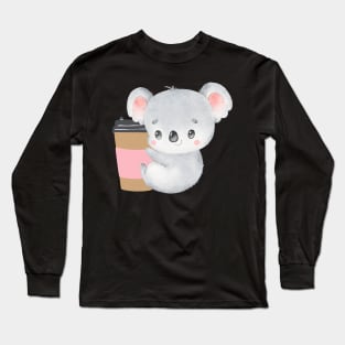 Cute Koala Drinking Coffee Koala Drinks Coffee First Sleepy cat I need coffee addict Long Sleeve T-Shirt